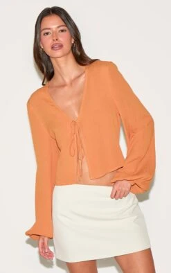Prettylittlething Chestnut Tie Front Blouse