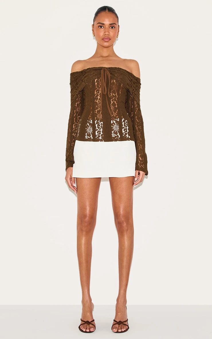 Prettylittlething Chocolate Fitted Lace Flared Sleeve Bardot Top 3 Prettylittlething Chocolate Fitted Lace Flared Sleeve Bardot Top - Image 3