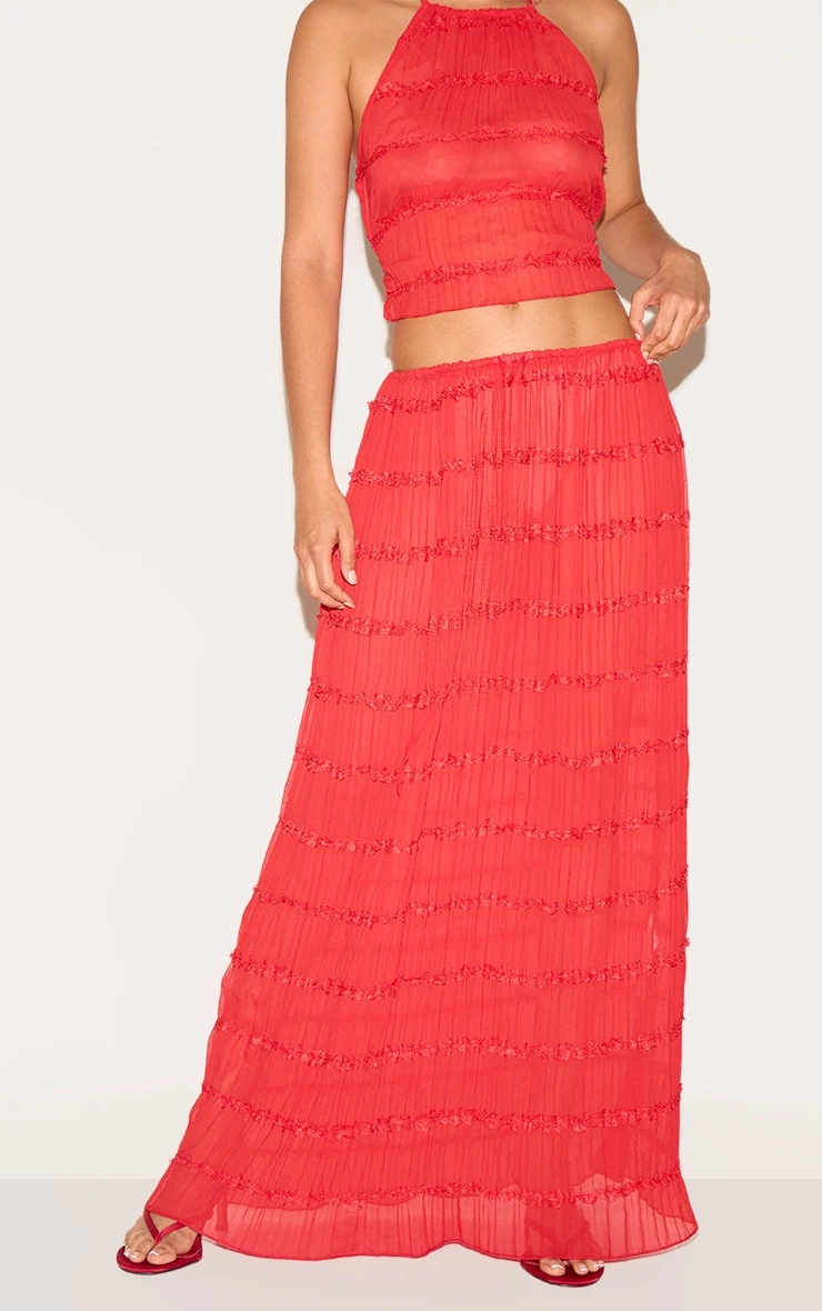 Prettylittlething Tomato Chiffon Ruched Frill Detail Tiered Maxi Skirt 2 Prettylittlething Tomato Chiffon Ruched Frill Detail Tiered Maxi Skirt - Image 2