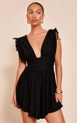 Black Jersey Plunge Neck Shift Dress
