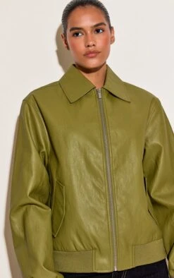 Prettylittlething Olive Faux Leather Bomber Jacket -Pretty Little Thing Shop 7343f75aaf6c764b94dd10faa1dee0eaacd83f3f CNN2515 4 olive faux leather bomber jacket