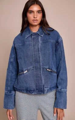 Prettylittlething Mid Blue Wash Elasticated Hem Denim Jacket