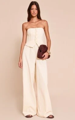 Cream Textured Bandeau Button Jumpsuit