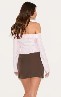 Prettylittlething Pink Striped Bardot Peach Skin Shirt -Pretty Little Thing Shop 738e17dcb9dd30221dda67bcb29c386f268f9884 CNL9451 2 pink striped bardot peach skin shirt