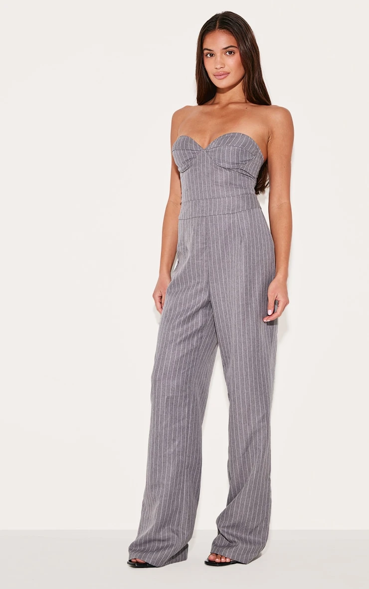 Prettylittlething Grey Pinstripe Bandeau Corset Straight Leg Jumpsuit 3 Prettylittlething Grey Pinstripe Bandeau Corset Straight Leg Jumpsuit - Image 3