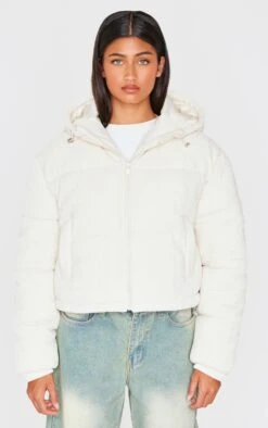 Prettylittlething Oatmeal Cable Knit Puffer Coat