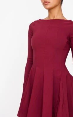 Burgundy Stretch Woven Boat Neck Long Sleeve Pleated Shift Dress -Pretty Little Thing Shop 73d48905da79680138771c264f2d9d5cd36384a5 cnl1648 4