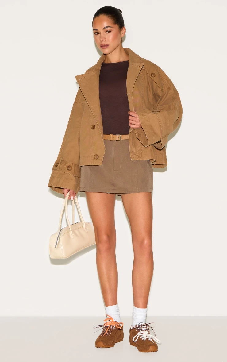 Prettylittlething Taupe Wrap Over Detail Canvas Trench Coat 3 Prettylittlething Taupe Wrap Over Detail Canvas Trench Coat - Image 3