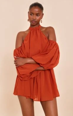 Prettylittlething Rust Chiffon Ruffle Off Shoulder Romper