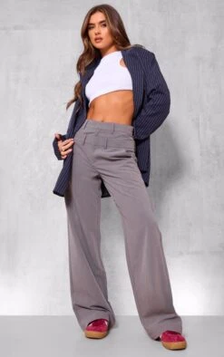 Prettylittlething Grey Tailored Woven Double Waistband Straight Leg Pants