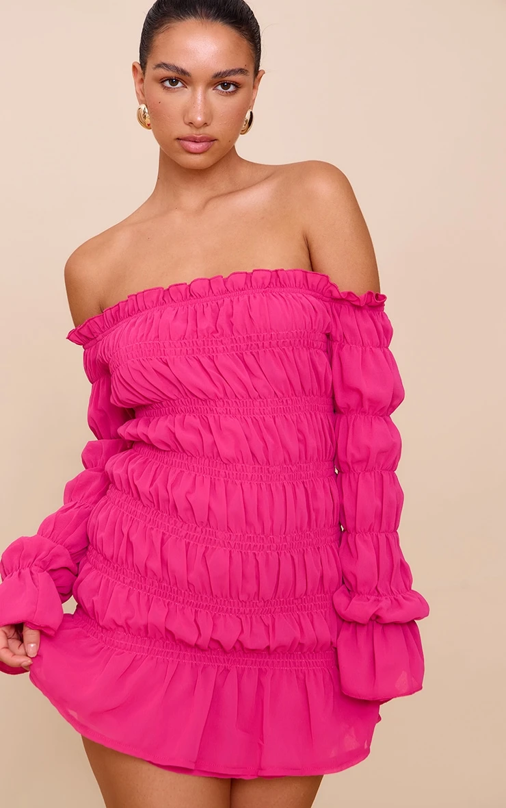 Prettylittlething Fuchsia Chiffon Bardot Long Sleeve Ruched Bodycon Dress