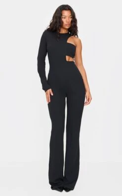 Black One Shoulder Flare Leg Jumpsuit
