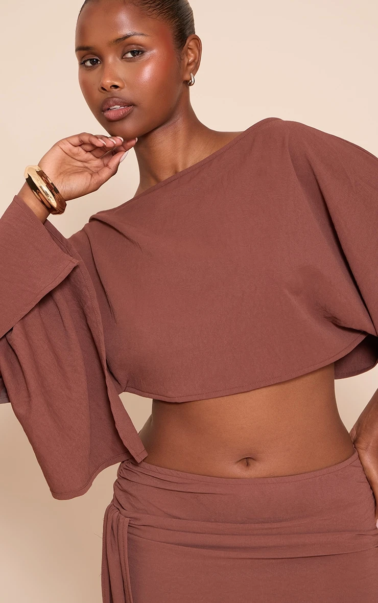 Dark Brown Floaty Woven Slash Neck Long Sleeve Top 4 Dark Brown Floaty Woven Slash Neck Long Sleeve Top - Image 4