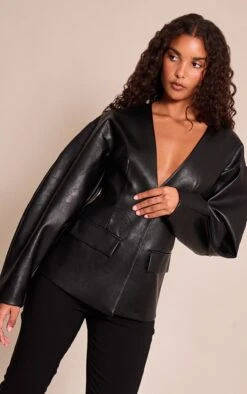 Black Leather Look Cinched Waist Blazer