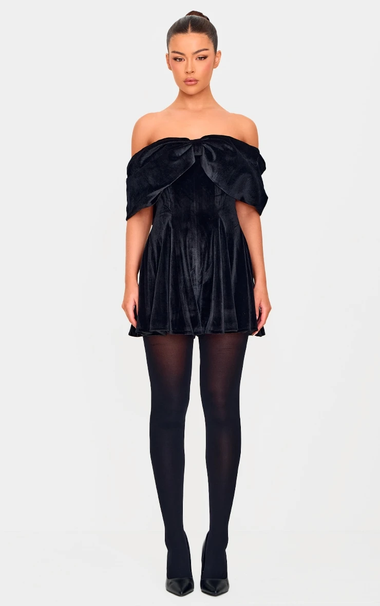 Prettylittlething Black Premium Velvet Extreme Bow Detail Romper 1 Prettylittlething Black Premium Velvet Extreme Bow Detail Romper