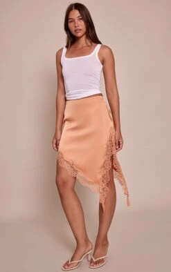 Peach Satin Lace Trim Asymmetric Midi Skirt