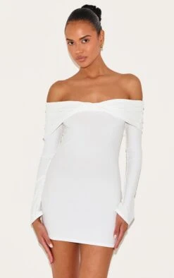 Prettylittlething Cream Soft Touch Twist Detail Bardot Bodycon Dress