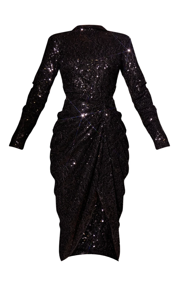 Prettylittlething Black Sequin High Neck Draped Midi Dress 5 Prettylittlething Black Sequin High Neck Draped Midi Dress - Image 5