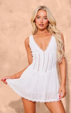 Prettylittlething White Textured Lace Corset Detail Floaty Romper