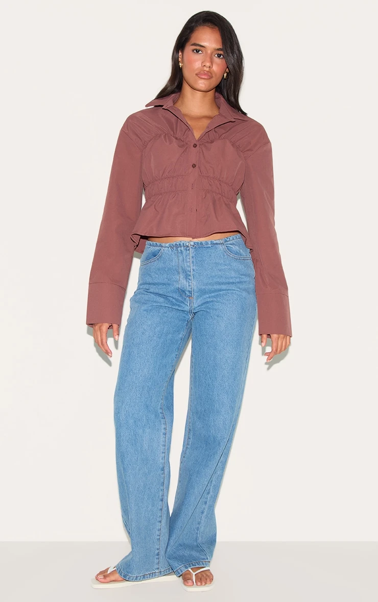 Prettylittlething Dark Brown Shirred Shirt 3 Prettylittlething Dark Brown Shirred Shirt - Image 3