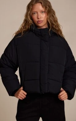 Prettylittlething Black Cropped Drawstring Puffer Jacket