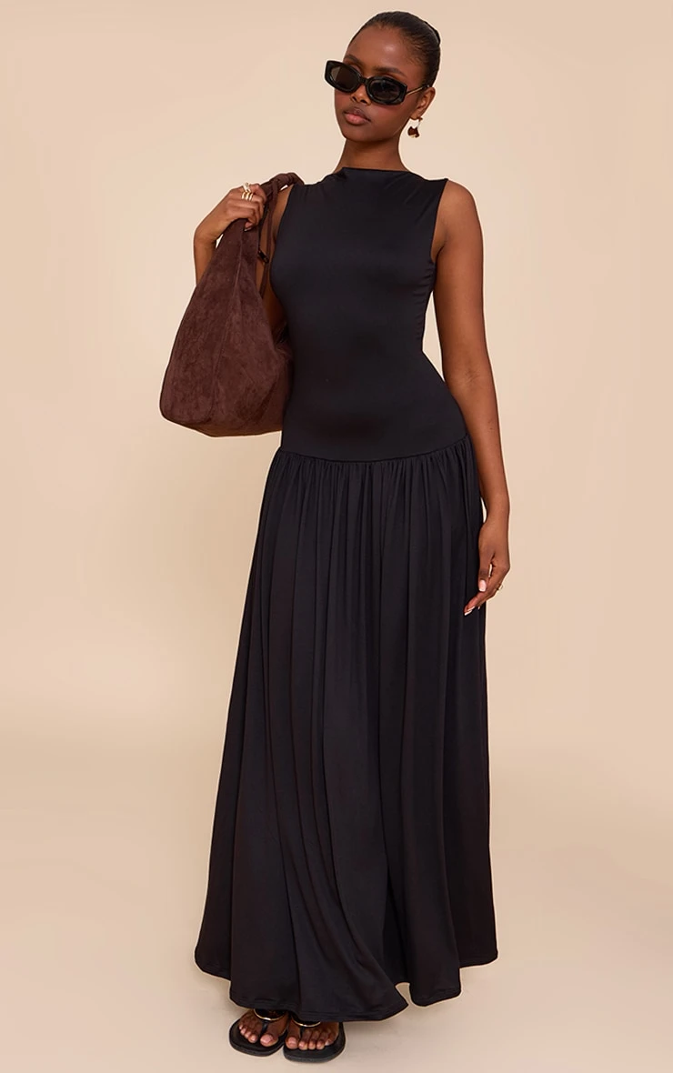 Prettylittlething Black Double Layer Jersey Dropped Waist Maxi Dress