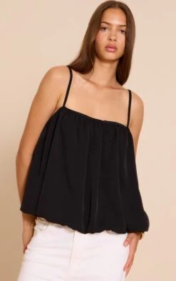 Prettylittlething Black Chiffon Strappy Puff Ball Top
