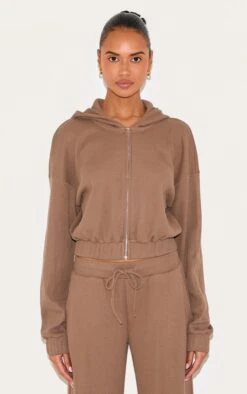 Prettylittlething Brown Waffle Zip Up Cropped Hoodie