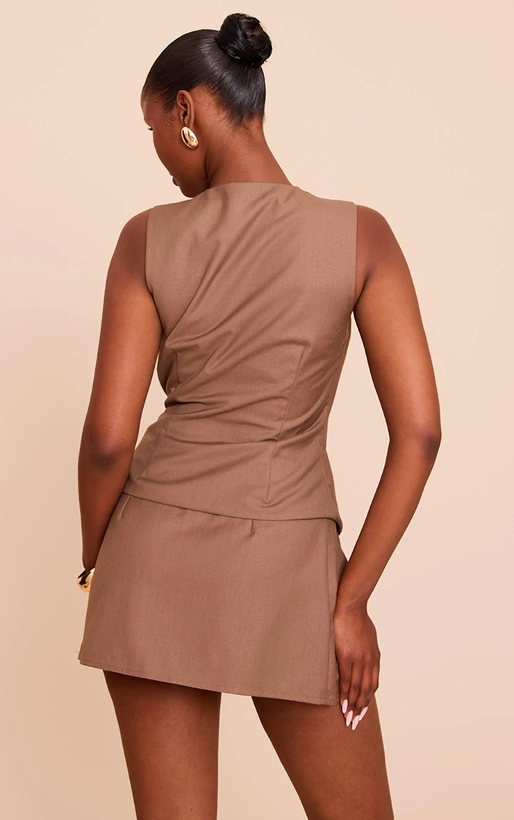 Prettylittlething Mocha Woven Trim Tie Waist Coat 2 Prettylittlething Mocha Woven Trim Tie Waist Coat - Image 2