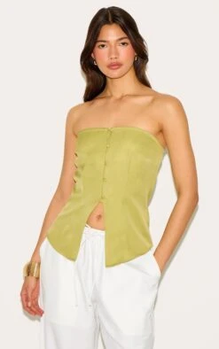 Prettylittlething Green Fitted Bandeau Button Vest
