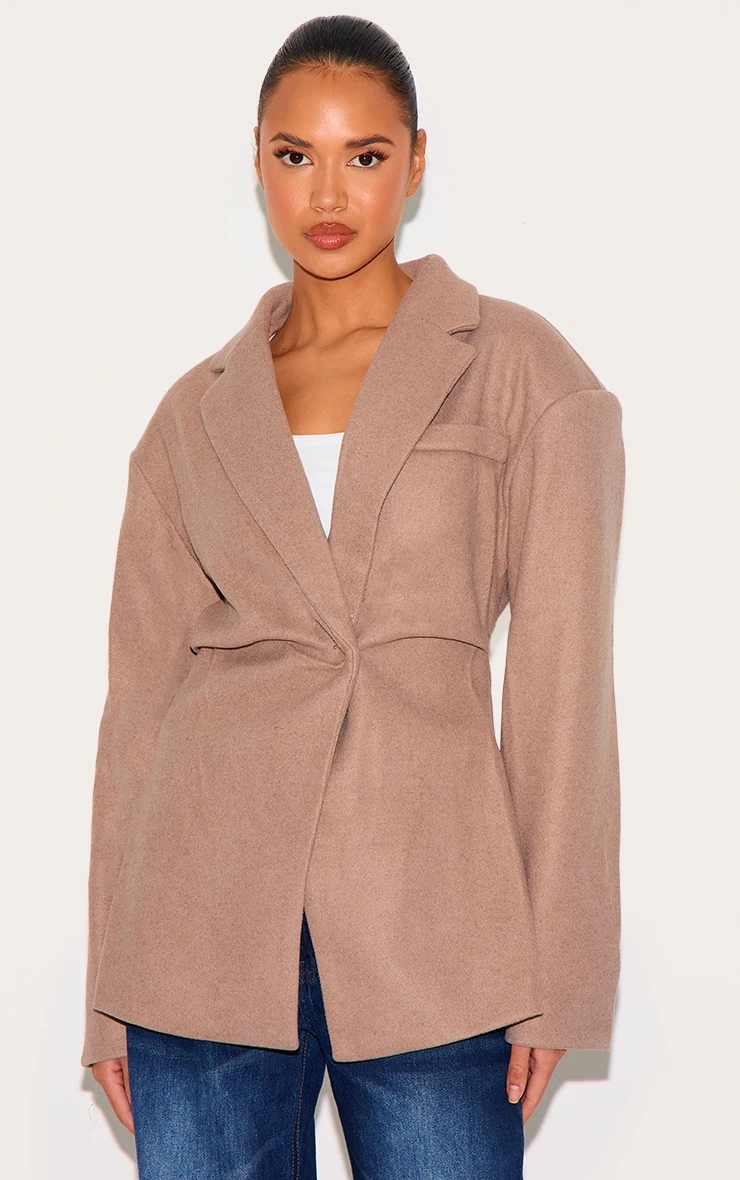 Prettylittlething Brown Wool Look Cinched Blazer 1 Prettylittlething Brown Wool Look Cinched Blazer