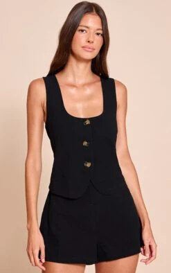 Black Texture Button Down Waist Coat Romper