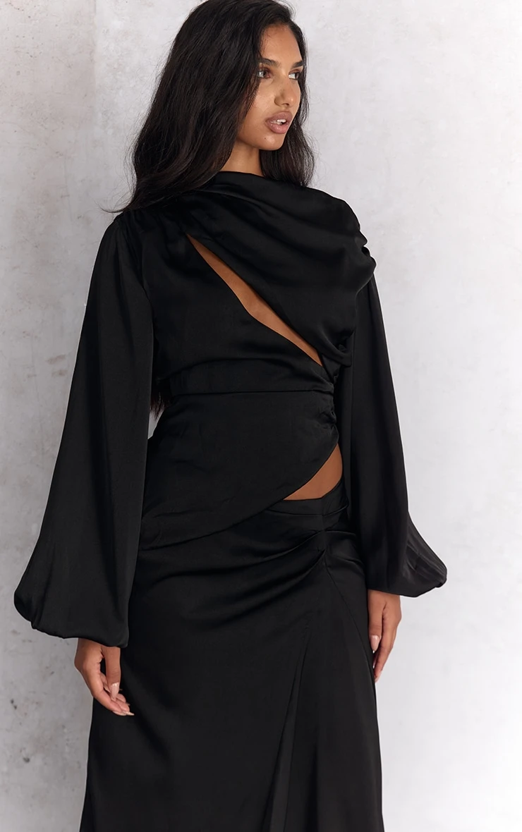 Black Satin Cut Out Long Sleeve Blouse 4 Black Satin Cut Out Long Sleeve Blouse - Image 4