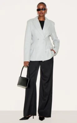 Prettylittlething Grey Double Breasted Asymmetric Wool Look Blazer