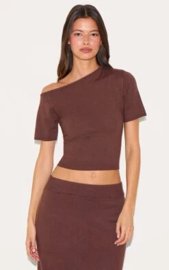 Prettylittlething Chocolate Basic Knit Asymmetric Neckline Top