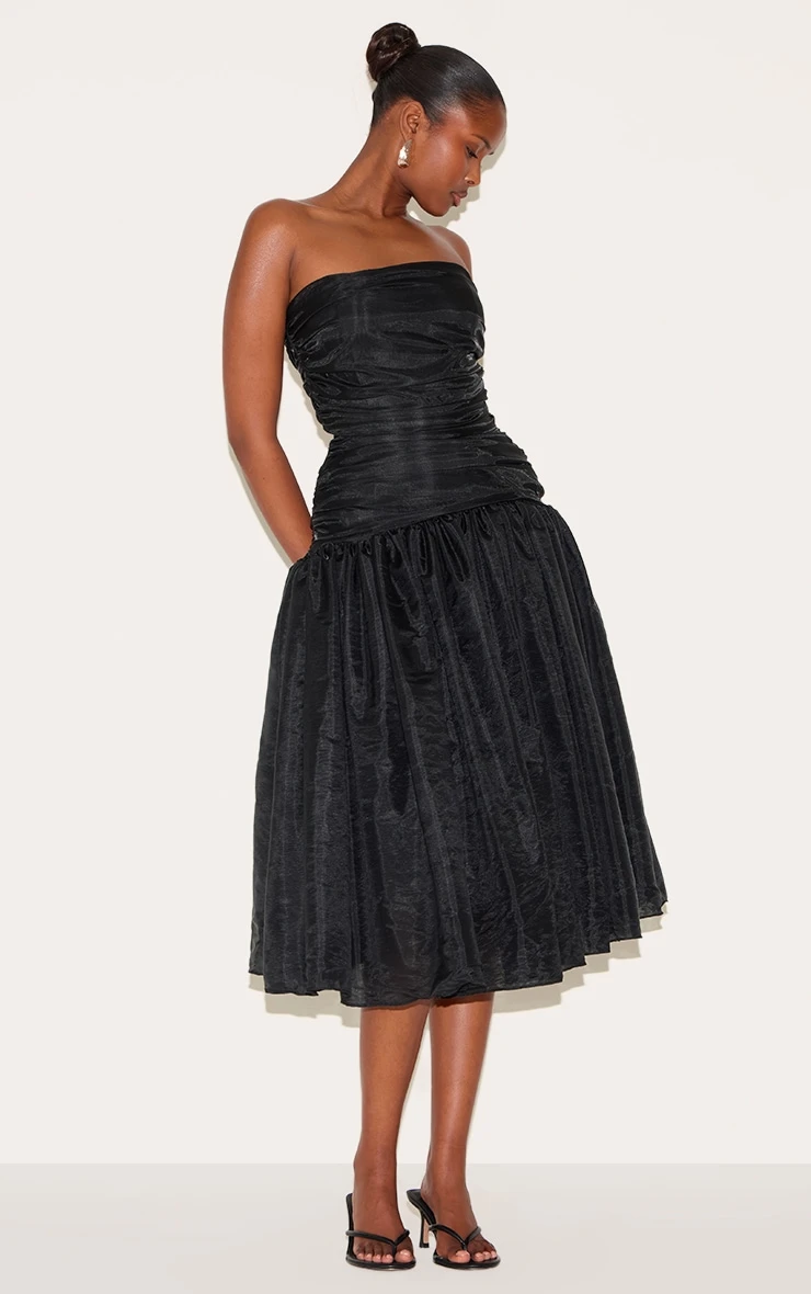 Prettylittlething Black Organza Ruched Bodice Midi Dress 3 Prettylittlething Black Organza Ruched Bodice Midi Dress - Image 3