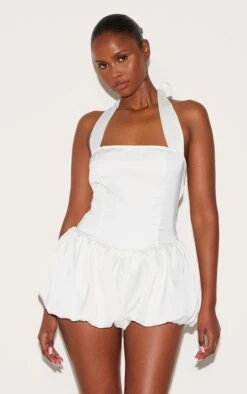 Prettylittlething White Satin Halter Neck Puffball Romper