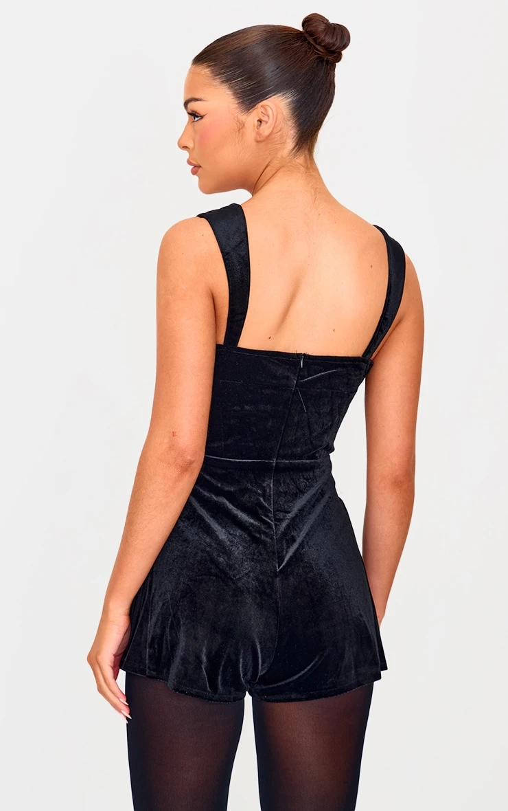 Prettylittlething Black Velvet Strappy Bow Detail Romper 2 Prettylittlething Black Velvet Strappy Bow Detail Romper - Image 2