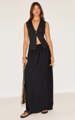 Prettylittlething Black Textured Draw String Maxi Skirt