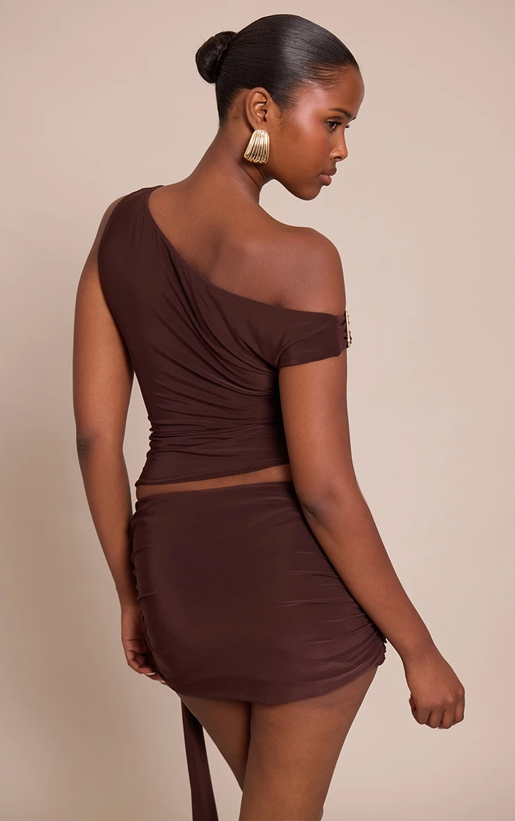 Prettylittlething Dark Brown Double Layer Slinky Ruched One Shoulder Top - Image 2