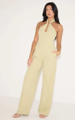 Sage Woven Halterneck Trim Wide Leg Jumpsuit