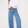 Mid Blue Wash Western Detail Wide Leg Jeans