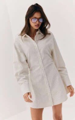 Prettylittlething Cream Pinstripe Seersucker Cinched Waist Shirt Dress