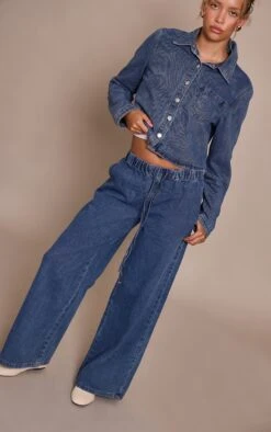 Prettylittlething Mid Blue Relaxed Tie Waistband Wide Leg Jeans