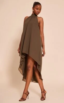 Khaki Chiffon High Neck Smock Dress