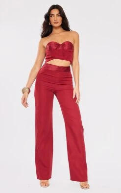 Prettylittlething Cherry Red Ruched Corset Cut Out Jumpsuit