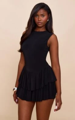 Prettylittlething Black Double Layer Slinky Rara Skort Romper