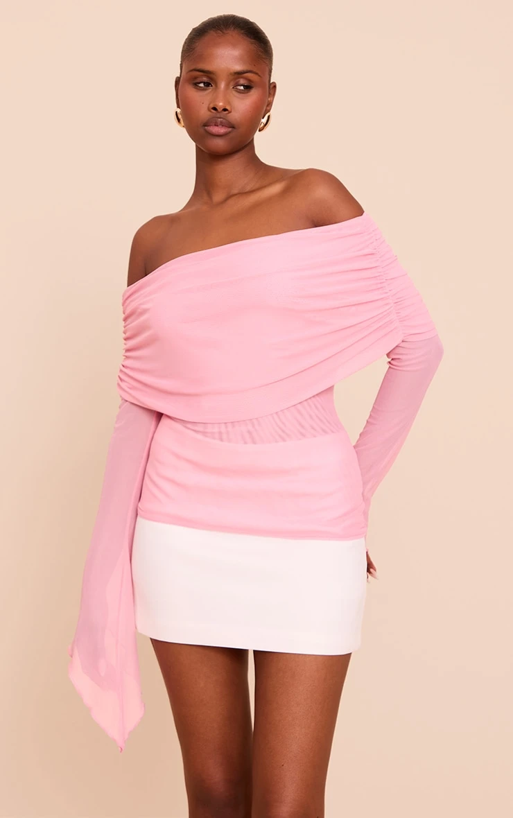 Prettylittlething Pale PinkMesh Fold Over Extreme Sleeve Detail