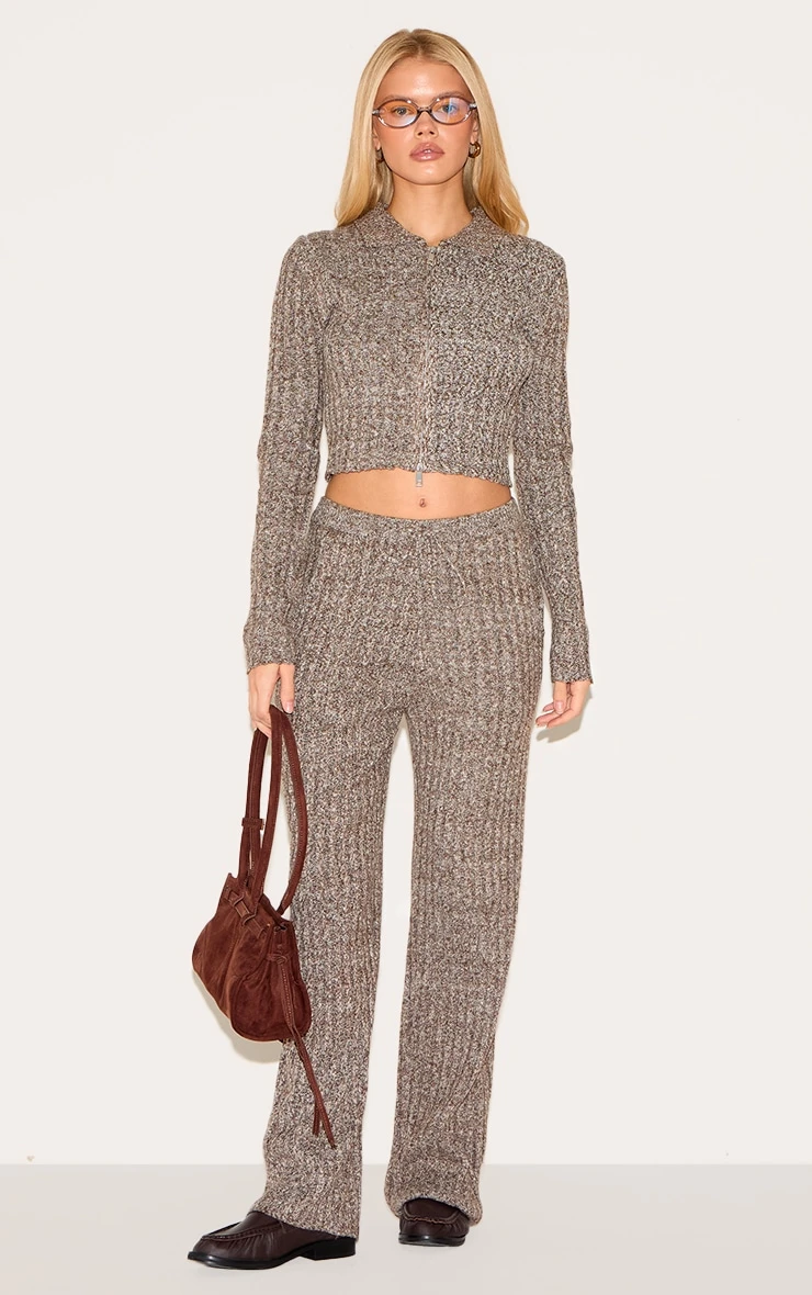Prettylittlething Chocolate Marl Knitted Dipped Hem Cropped Zip Up Top - Image 3