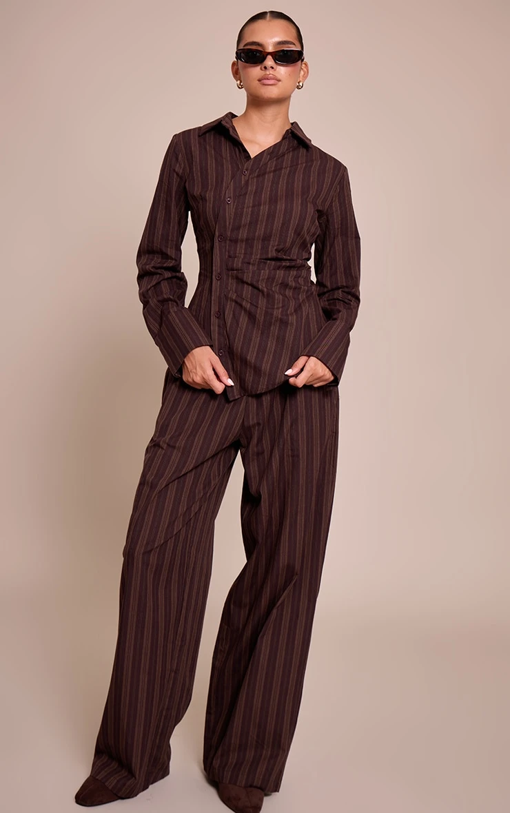 Dark Brown Woven Pinstriped Asymmetrical Shirt 3 Dark Brown Woven Pinstriped Asymmetrical Shirt - Image 3